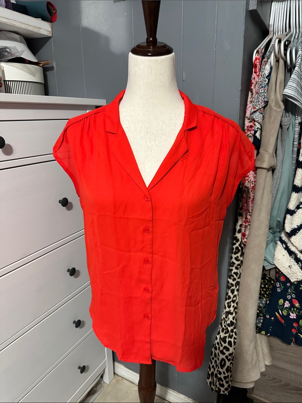 Premise Red Cap-Sleeve Button Front Blouse